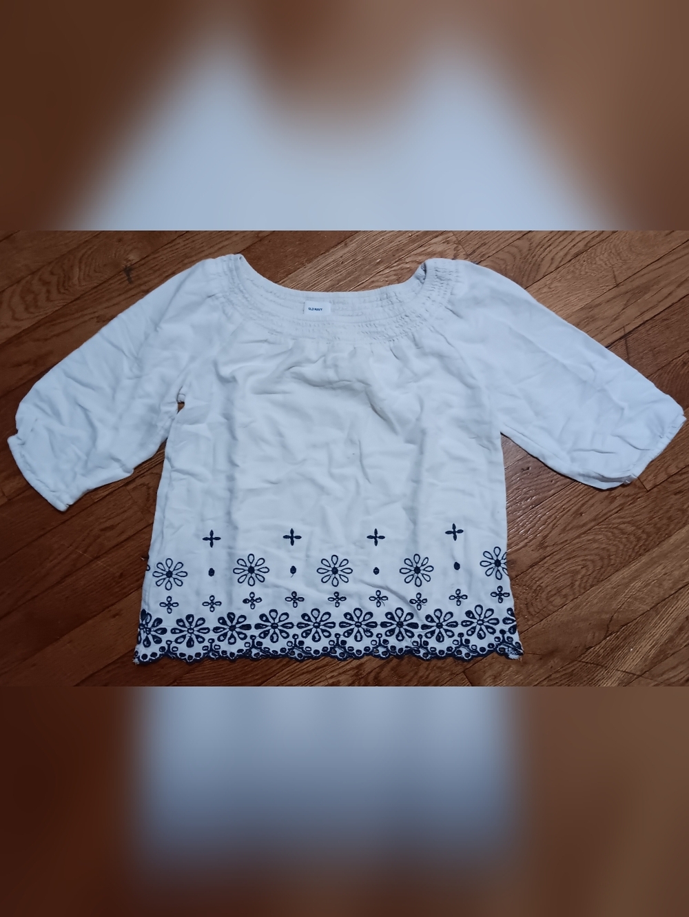 Old Navy White Peasant Top with Black Embroidery